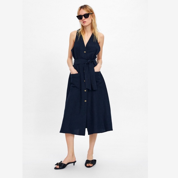 blue linen dress zara